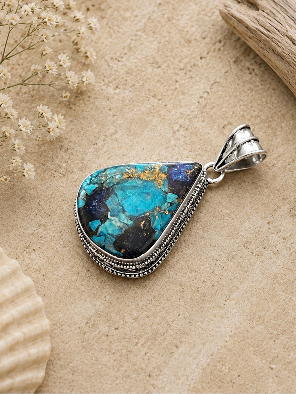 Blue Oyster Turquoise Gemstone Silver Antique Design Pendant - Picture 2 of 5